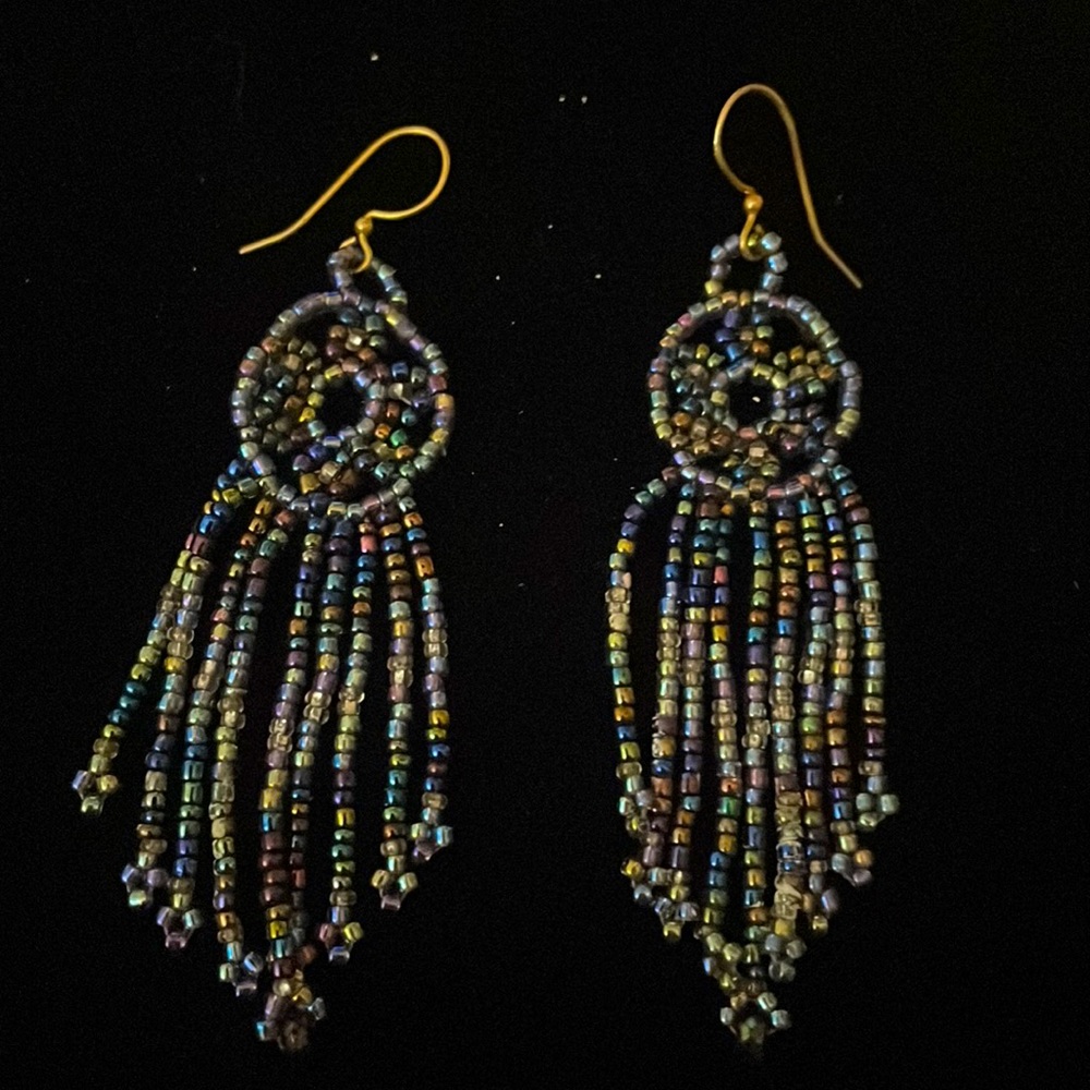 Beautiful hand beaded peacock color earrings, boho